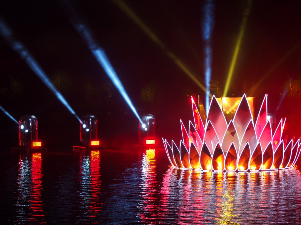 Metal sculpture lit up with lights