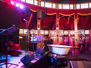 Inside the Famous Spiegeltent - house bands and bathtubs.