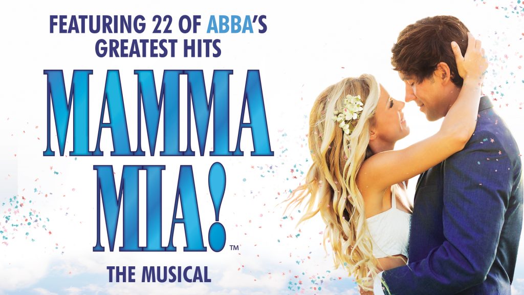 Man and woman holding each other in an embrace. Text: Featuring 22 of ABBA's Greatest Hits MAMMA MIA the musical.