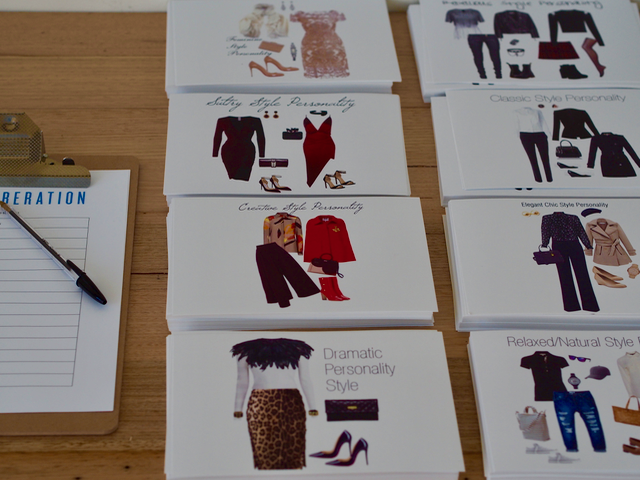A set of eight cards each have a different range of clothes with a text heading. The titles include 'Dramatic Personality Style', 'Creative Style Personality'.