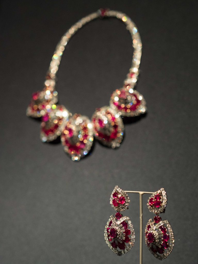 Rubies and diamonds encrusted earrings with matching necklace and bracelet (not pictured)