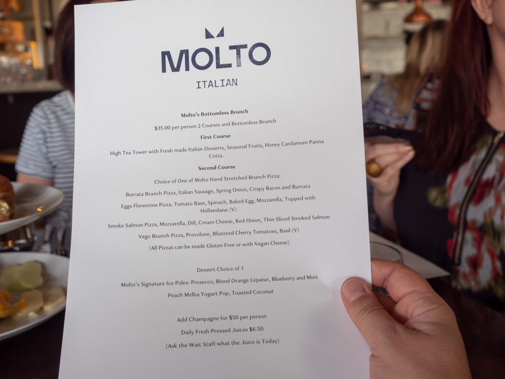 Molto's bottomless brunch menu (accurate as of time of publishing)